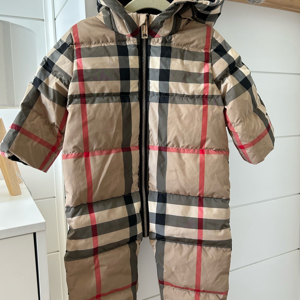 Burberry Beige Plaid Puffer One-Piece Snowsuit